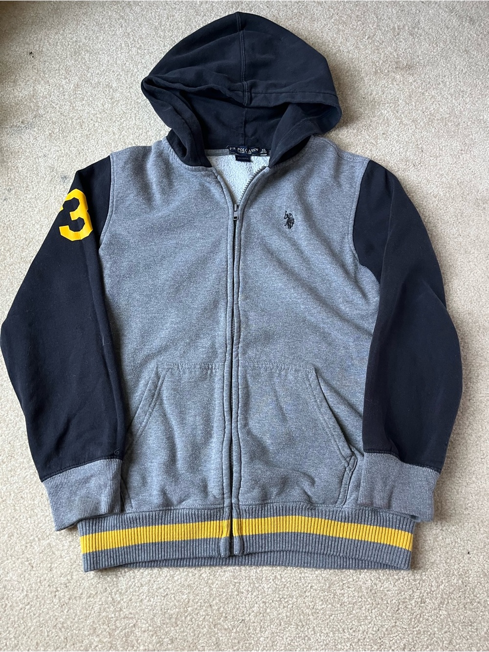U.S. Polo Assn. Grey Hooded Zip Sweatshirt with Black Sleeves & Yellow Trim